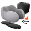 Plane Neck Pillow for Long Flights – 4-in-1 Set | Adjustable Memory Foam Gray Airplane Pillow Neck Support, Eye Mask, Earplugs, & Cover | Soft Washable Cotton Cover, Button Closure – Comfort Traveling