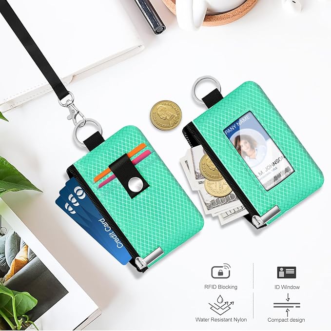 Minimalist RFID Blocking Small Wallet with ID Window,WaterResistant Zip Id Case Wallet with Lanyard Keychain for Cards,Cash,Travel,Women,Men (Mint Green)