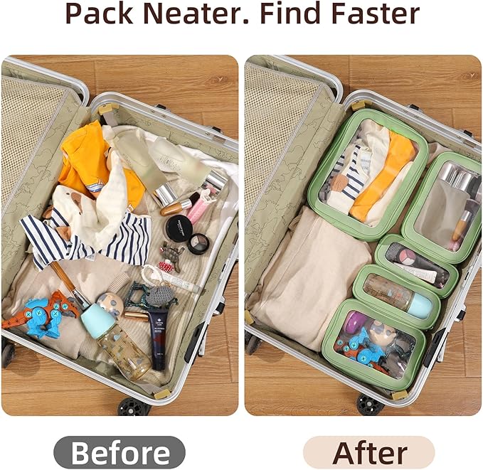 5PCS Diaper Bag Organizer Pouch Set, Clear Organizer Bags, TSA Approved Toiletry Bag, Clear Waterproof Cosmetic Bags with Zipper, Purse Organizer Pouches,Travel Organizer Bags for Woman and Kids Green