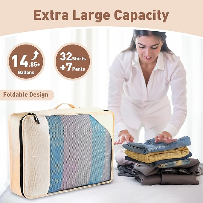 Toncoke 8-Piece Packing Cubes for Travel, Mesh Luggage Organizers with Shoe Bag, Toiletry Bag, Laundry Pouches, 4 Sizes (XL/L/M/S) for Suitcase Organization, Men Women Kids, Beige