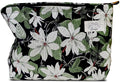 HAPPYHEIDI Large Black Embroidery Floral Makeup Bag Cosmetic Toiletries Travel Pouch, Canvas Lined, Purse Organizer, White Green Flowers