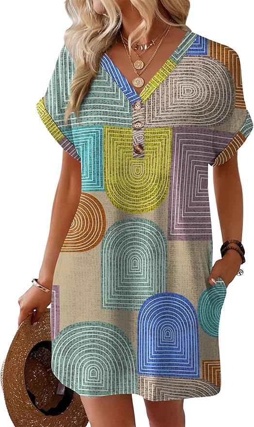 WIHOLL Summer Dresses for Women with Sleeves Midi Dress Button Down Beach Vacation Casual Dresses Fashion Clothing
