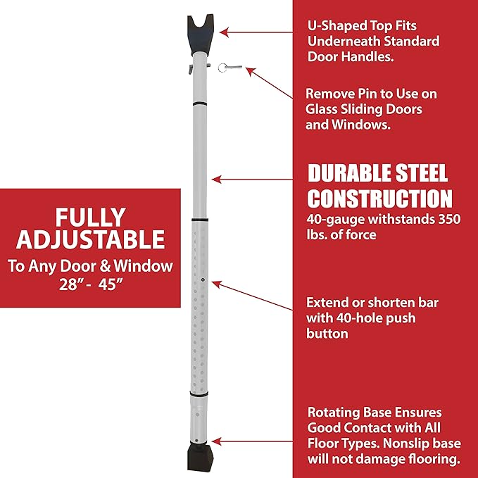 Dual Security Bar, 1-Set Adjustable-Length Portable Strong Door Bar for Hinged and Sliding Patio Doors & Windows, Home Travel Security, Extends 28 in. to 45 in., White