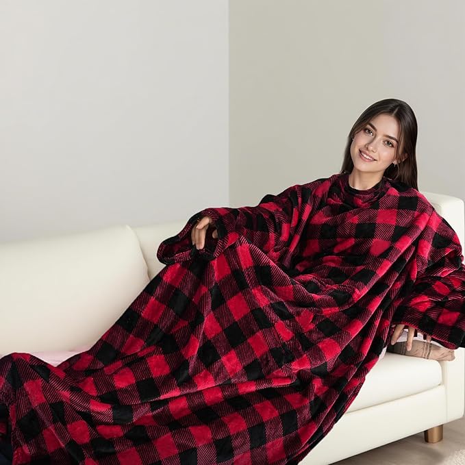 Catalonia Packable Travel Wearable Blanket Pillow with Sleeves for Adults, 2 in 1 Wearable Blanket with Pockets