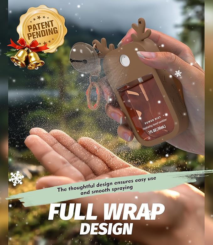 Sonnorel 1 Pack Elk Silicone Case Compatible with Touchland Hand Sanitizer Spray (Fit for 1 FL OZ/30 mL Ver), Portable keychain, Small Bell, Cute Deer Antlers (Brown)