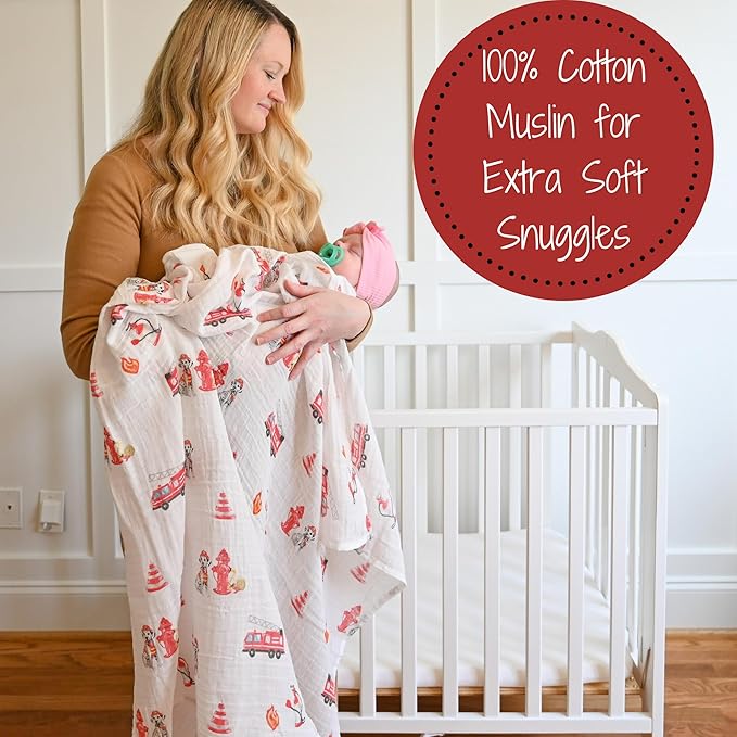 LollyBanks Muslin Swaddle Blanket, 100% Muslin Cotton Swaddle Blankets for Baby Boys, 47 X 47 Inches Soft and Cozy Blankets for Newborn Baby, Newborn Essential, Registry (Fireman Dog Print)