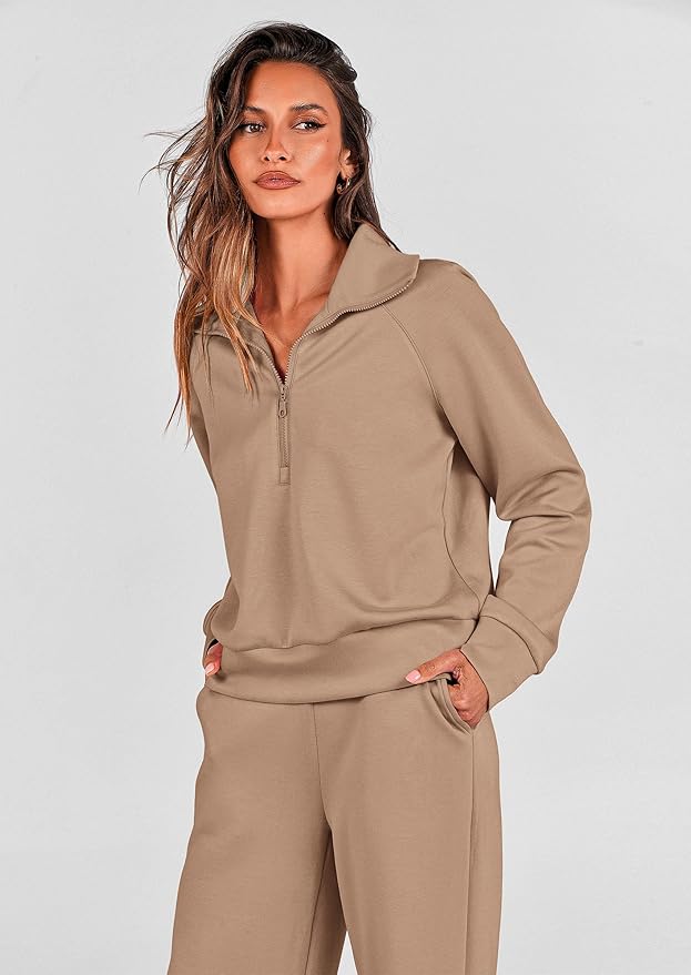 PRETTYGARDEN Women's 2 Piece Outfits Casual Lapel Half Zip Sweatshirts and Wide Leg Pants Tracksuit Sets