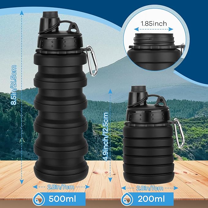 Collapsible Water Bottles 17oz, Reusable BPA Free Silicone Foldable Water Bottle With Carabiner, Lightweight Leakproof Travel Water Bottle for Gym, Traveling, Camping, Hiking, Sports-Blue