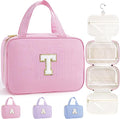 TOPEAST Hanging Toiletry Bag for Women - Travel Toiletry Bag Makeup Bag, Portable Toiletries Cosmetic Bag, Airplane Travel Essentials - Letter T, Pink