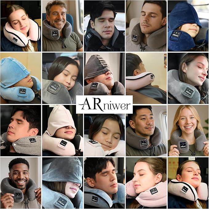 Bluetooth Music Semicircular Neck Pillow with Hood Wireless Bluetooth Speaker Suitable Airplane,Car,Office,and Outdoor Camping for Sleeping, Resting The Best Travel Essentials. (Light Gray)