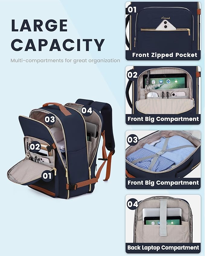 LOVEVOOK Travel Backpack for Women & Men 40L,Airline Approved Carry On Backpack Travel Essentials,TSA Carry on Luggage,Waterproof Personal Item Travel Bag,Suitcase with 3 Packing Cubes,Dark blue-Brown