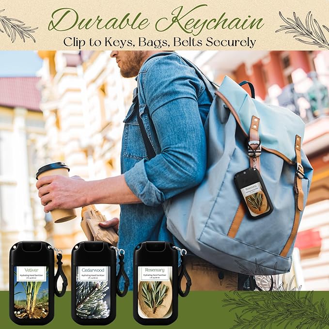 Set of 3 Power Mist Hydrating Hand Sanitizer Spray Bulk with Keychain Travel Size Refreshing Hand Sanitizer 1 Fl. oz Compact Spray Bottle Vetiver Cedarwood Rosemary Scent for Men Friends Gifts