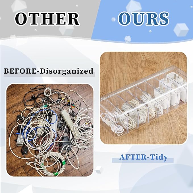 Tatuo 2 Pcs Cable Organizer Box with 20 Wire Ties and 2 Sort Stickers, Clear Plastic Cord Storage Box with Lid for Home Office Desk Organizers and Accessories