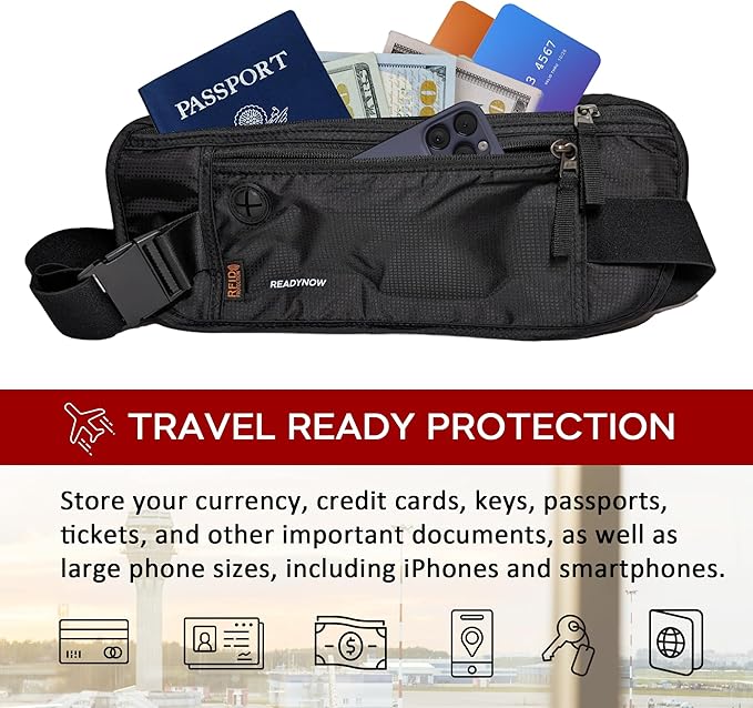 Travel Money Belt with RFID Blocking - Hidden Waist Passport Holder Wallet Pouch for Cash, Phone, Credit Cards, and Documents Protection - 13.5in x 5.75in x 0.3in, Black