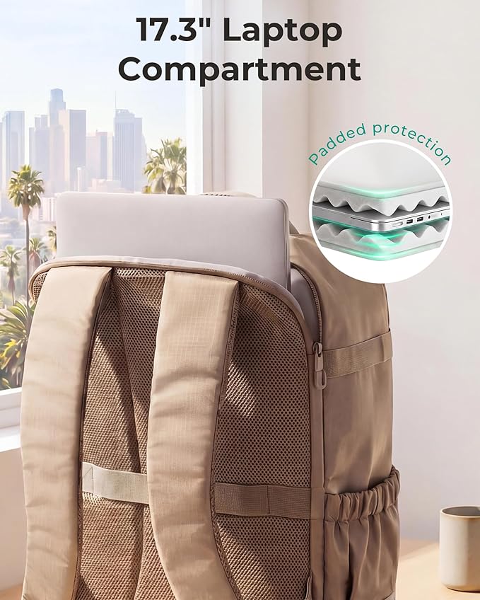BAGSMART 40L Travel Backpack for Women & Men Fits 17-Inch Laptop, Airline Approved Carry On Backpack with Wet Pocket & Shoe Pouch, Water-Resistant Personal Item Travel Bag, Camel