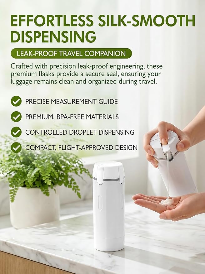 4 in 1 Travel Dispenser Bottle Set, Leakproof TSA Travel Size Containers for Toiletries, Portable Refillable Bottles, Hard Shell Rotating Design with Scale and Labels (Green, 4 Pack) (1, White)