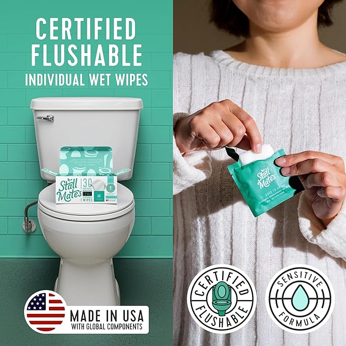 Stall Mates - Flushable Wipes, Individually Wrapped, Travel Friendly, Unscented with Cucumber, Vitamin-E & Aloe, (30 on-the-go singles)