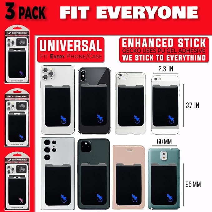 Phone Wallet - Adhesive Card Holder - Cell Phone Pouch - Stick on Lycra Pocket by Gecko - Carry Credit Cards and Cash