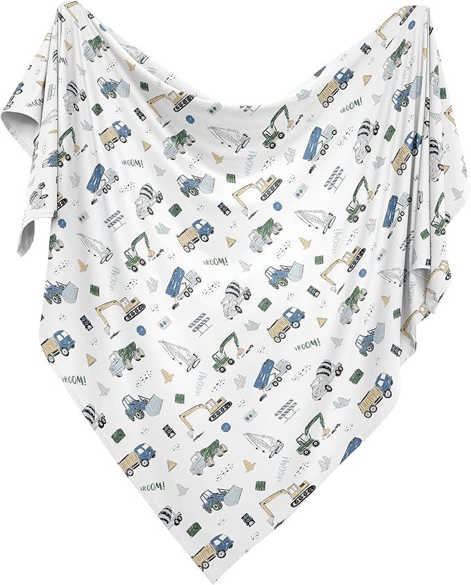 Sweet Jojo Designs Construction Truck Boy Baby Swaddle Blanket Infant Newborn Lightweight Jersey Stretchy Receiving Security Stroller Cover Grey Blue Green Transportation Zone Vehicles Yellow Black