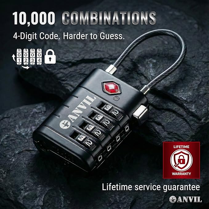 ANVIL TSA Approved Luggage Locks with Search Alert Indicator, 4-Digit Combination Suitcase Lock, Advanced TSA008 Core Heavy Duty Anti-Theft Travel Lock for Double Zippers, Backpacks (8, Black)