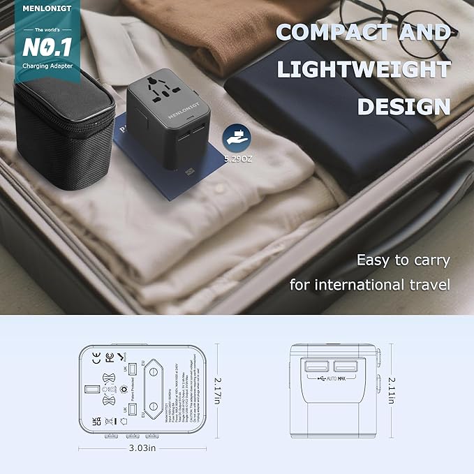 2026 New MENLONIGT Universal Travel Adapter, International Power Plug Adapter with 2 USB-C and 2 USB-A Ports, All-in-One Worldwide Wall Charger for USA EU UK AUS (Black)