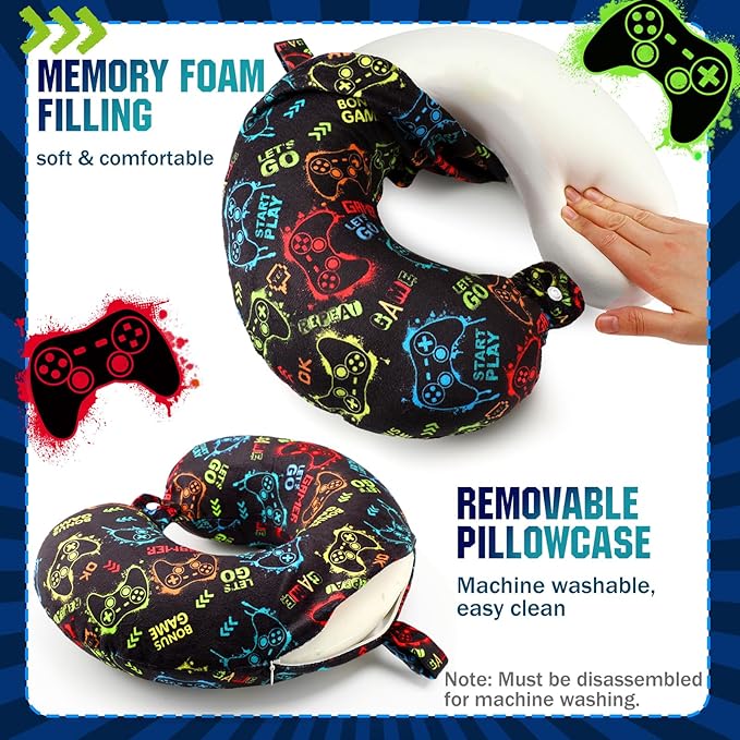 Gilprop 2 Pcs Gaming Travel Pillow with Sleep Eye Mask, U Shaped Memory Foam Headrest & Neck Pillow with Washable Cover, Soft Neck Head Support Travel Accessories for Airplane Car Train Bus Trips