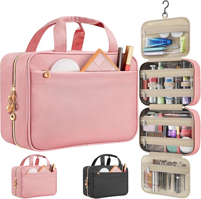 Travel Toiletry Bags, Portable Travel Bag with Hanging Hook for Women, Waterproof and Hanging Makeup Bag Travel Organizer Accessories for Travel Essentials (Pink, Large)