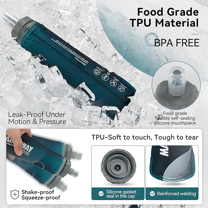 MARCHWAY Soft Hydration Flask with Wide Mouth, 300ml/500ml Collapsible TPU Water Bottle, Leakproof Portable Flexible for Running, Hiking, Cycling, Climbing, Gym, Travel (2pcs Blackish Green 300ml)