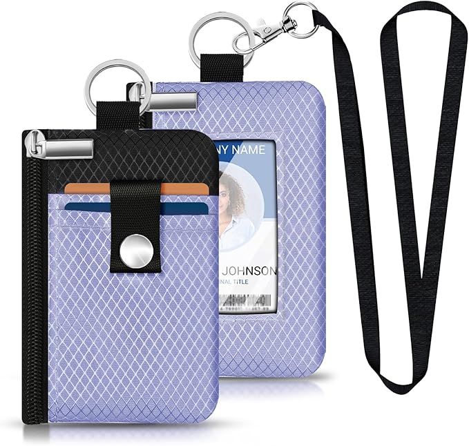 Minimalist RFID Blocking Small Wallet with ID Window,WaterResistant Zip Id Case Wallet with Lanyard Keychain for Cards,Cash,Travel,Women,Men (Lavender Purple/Black)