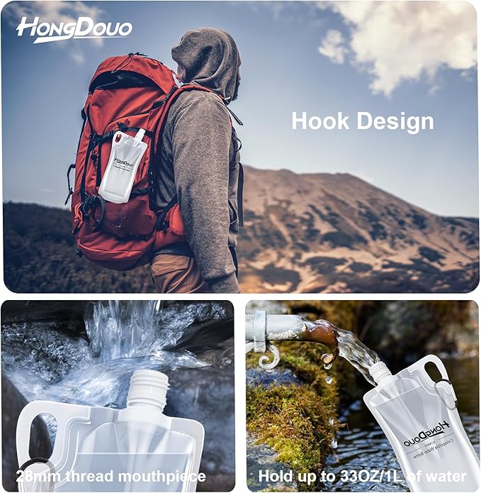 2 Pack Collapsible Water Bottles, 1L Hiking Water Flasks (2L Total) - 33oz BPA-Free Reusable Drink Bags With Carabiners and Handles, Squeeze Water through a Filter or Use as Water Bottles