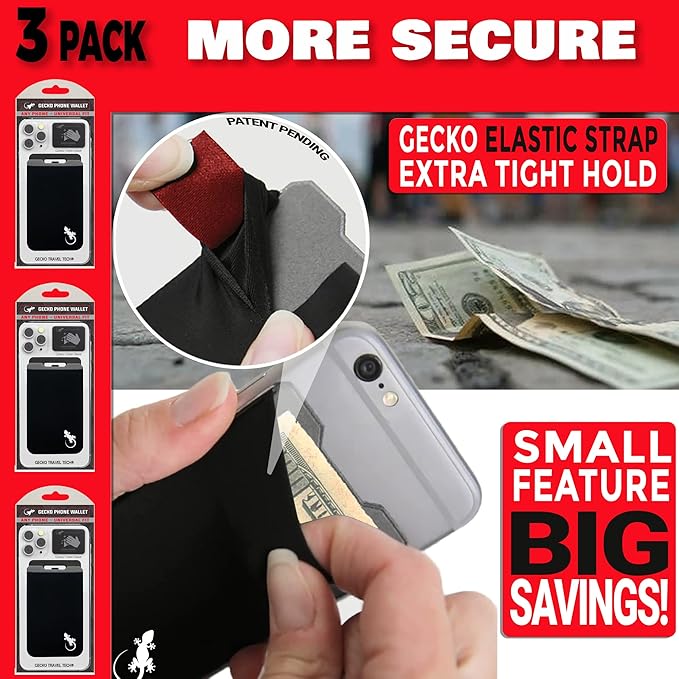 Phone Wallet - Adhesive Card Holder - Cell Phone Pouch - Stick on Lycra Pocket by Gecko - Carry Credit Cards and Cash