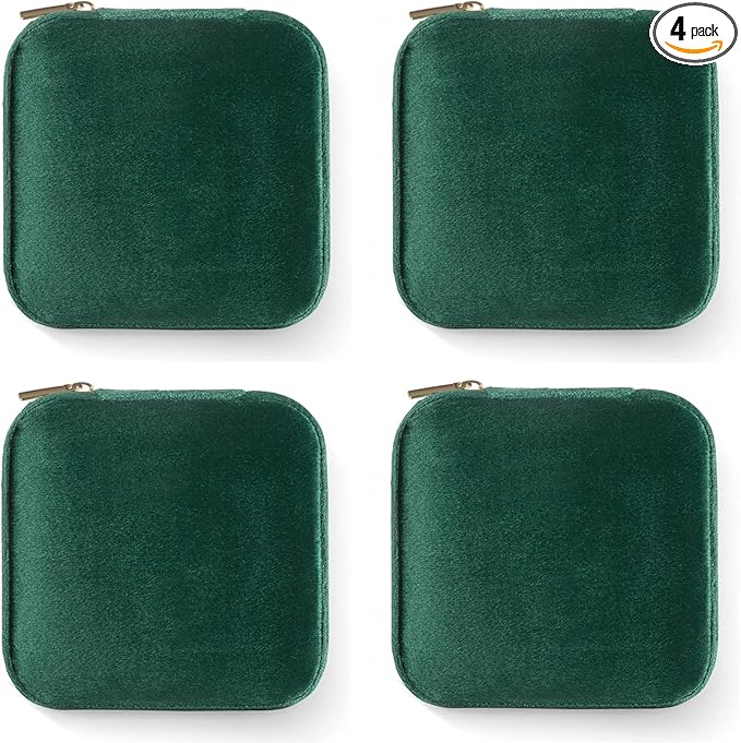 ZPROW Plush Velvet Travel Jewelry Case, Travel Jewelry Organizer, Jewelry Travel Case, Travel Jewelry Box, Small Jewelry Case, Jewelry Travel Box, Earring Organizer with Mirror - Emerald Green 4packs