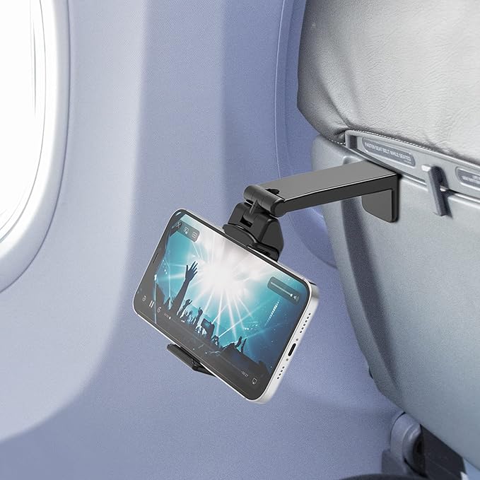 Beyond Cell Travel Accessories, Universal Seat Back Tray Table Phone Clip Holder, Adjustable Pocket Size Hands Free Phone Holder Airplane Travel Essentials Compatible with iPhone and Android
