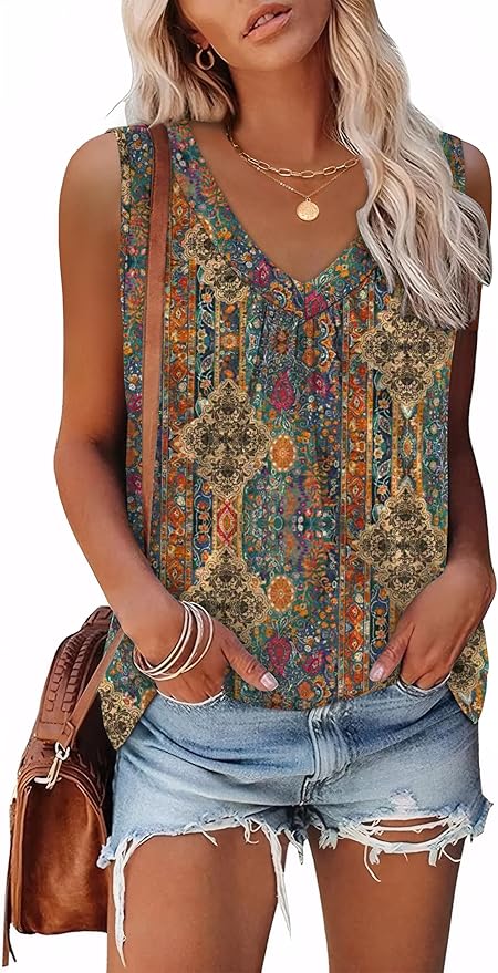 OFEEFAN Tank Top for Women Loose Fit Sleeveless Shirts V Neck Summer Clothes Ruched Women's Tees and Tanks Curved Hem