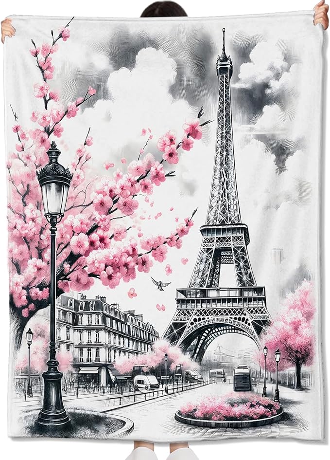 Paris Blanket Gifts for Girls Women,Parisian Eiffel Tower with Pink Cherry Blossom Throw Blankets,Soft Comfy Lightweight for Room Couch Bed Sofa Romantic Decor,France Lover 60x50in