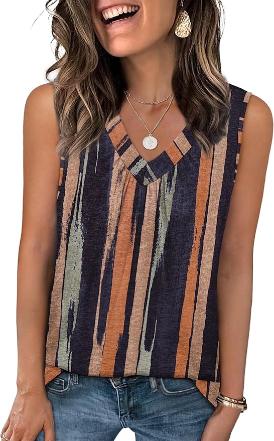 OFEEFAN Tank Top for Women Loose Fit Sleeveless Shirts V Neck Summer Clothes Ruched Women's Tees and Tanks Curved Hem