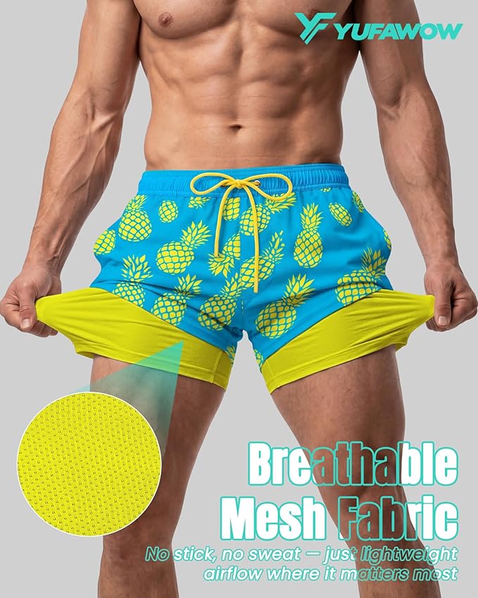 7 Inch Men Swim Trunks with Compression Breathable Liner Quick Dry Zipper Pockets for Pool Board Beach Cruise