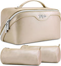 BOYATU Travel Makeup Bag Organizer Cosmetic Bag: 3 Pcs Set Make up Bags for Women with Handle - Waterproof Vegan Leather Toiletry Bags Travel Essentials Pouch with Compartments (C-07-Gold)