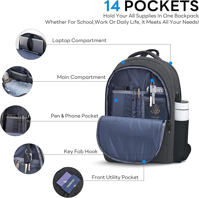 TANTOMI 17 Inch Travel Laptop Backpack for Men Women, Business Laptop Backpack with Anti Theft & USB Charging Port, Water Resistant Durable School Computer Backpack for Travel, Work, Daily Carry