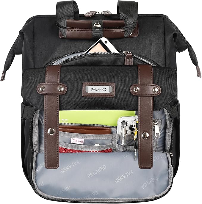 FALANKO Laptop Backpack For Women, Work Doctor Teacher Nurse Wide Open College 15.6 Inch Laptops Backpack Purse with RFID, Travel Water Resistant RFID Computer Bag for Men Women Black