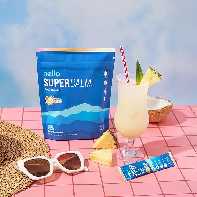 Nello Supercalm Powdered Drink Mix, Cortisol Reducer* and Sleep Aid Supplement, L Theanine, Ksm-66 Ashwagandha, Magnesium Glycinate, Vitamin D 3, No Sugar, Non GMO, On The Go, 20 Ct, Passion Colada