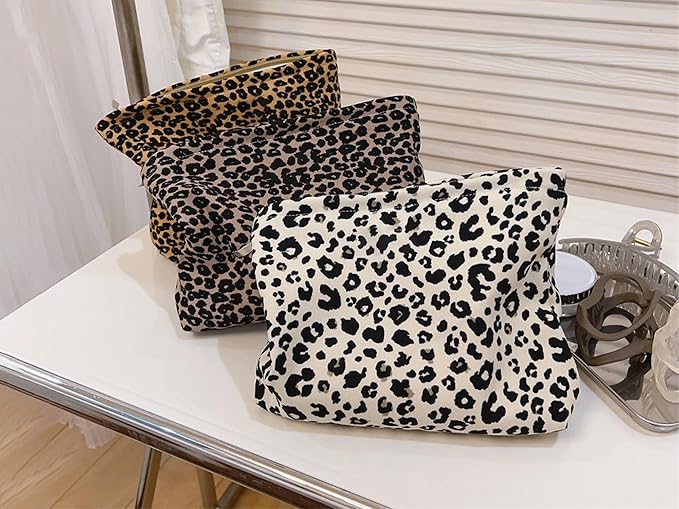 HAPPYHEIDI Leopard Print Makeup Bag with Pocket Large Cosmetic Toiletry Travel Pouch, Small Accessory Organizer Bag, Brown Cheetah, Lined, Zipper Closure, 8.5x2x6.5 Inches