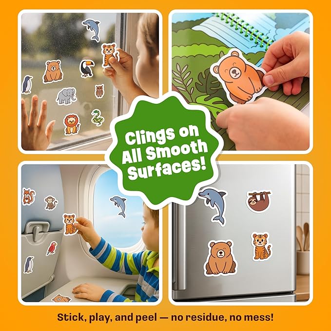 Reusable Sticker Book - Animals - 50 Jelly Stickers for Toddlers & Kids 3-5: Fun Toddler Travel Toys, Airplane & Car Activities for Kids - Sticker Books for Toddlers 3 Years Old, Toy Gifts for 1-3 2-4