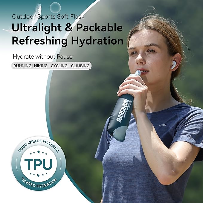 MARCHWAY Soft Hydration Flask with Wide Mouth, 300ml/500ml Collapsible TPU Water Bottle, Leakproof Portable Flexible for Running, Hiking, Cycling, Climbing, Gym, Travel (2pcs Blackish Green 300ml)