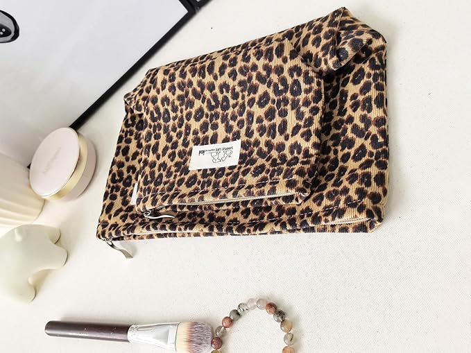 HAPPYHEIDI Leopard Print Makeup Bag with Pocket Large Cosmetic Toiletry Travel Pouch, Small Accessory Organizer Bag, Soft Corduroy Fabric, Brown Cheetah, 8.5x2x6.5 Inches