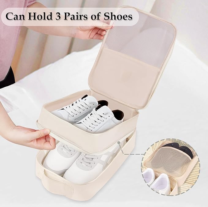 Travel Shoe Bags 2 Pcs of Shoe Organizers Set for Suitcase Hold 3 Pair of Shoes Waterproof Shoe Packing Cubes for Travel and Daily Use Storage Pouch with Handle (Navy blue+Beige)