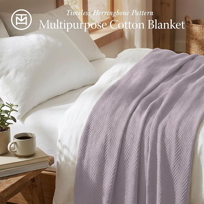 Threadmill Luxury Cotton Blankets for Queen Size Bed | All-Season 100% Cotton Queen Size Blanket | Herringbone Cozy, Soft Breathable Fall Thermal Blanket fits Full Size Bed, 90x92 | Lilac