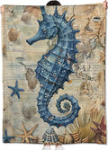 Vintage Blue Seahorse Blanket Gifts for Kids Girls Women,Nautical Antique Map Seashell Throw Blankets,Soft Comfy Lightweight for Room Couch Bed Modern Retro Decor,Ocean Lover 60x50in