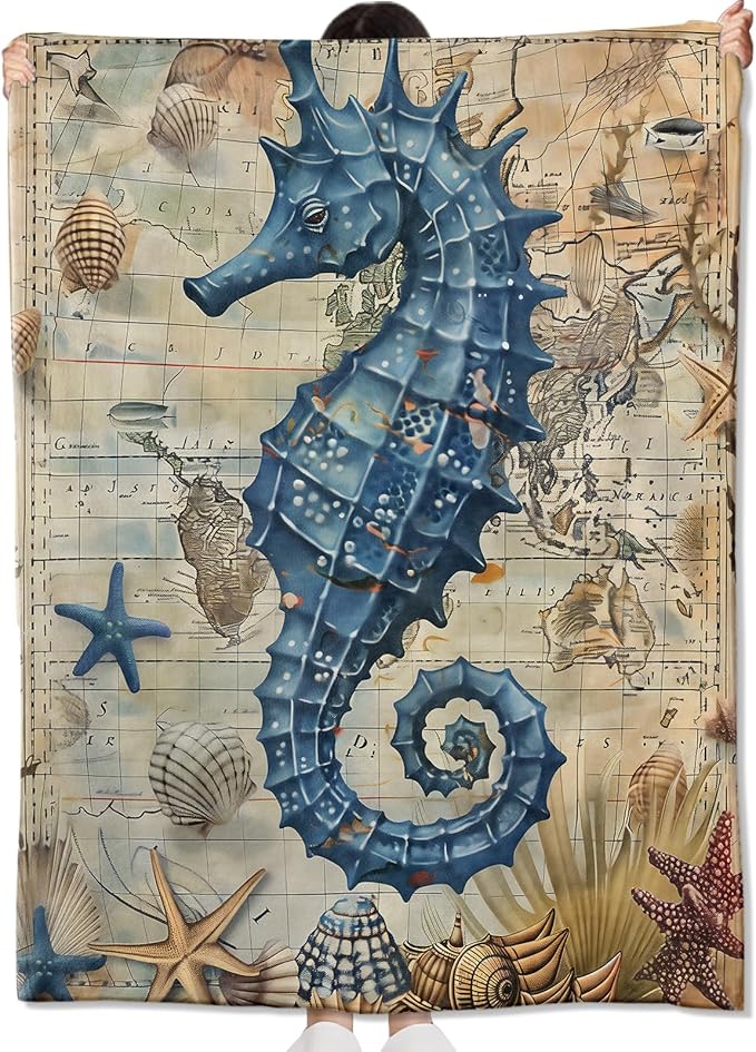 Vintage Blue Seahorse Blanket Gifts for Kids Girls Women,Nautical Antique Map Seashell Throw Blankets,Soft Comfy Lightweight for Room Couch Bed Modern Retro Decor,Ocean Lover 60x50in