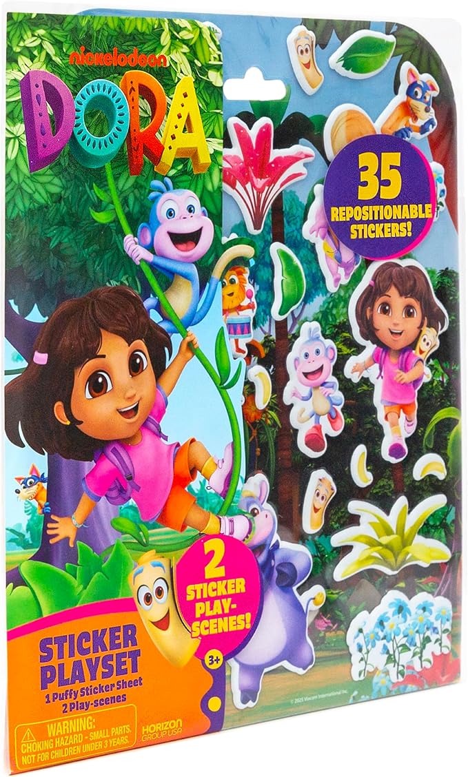 Dora Puffy Sticker Playset, 35 Reusable Stickers and 2 Play Scenes, Fun Kids Activities, Toddler Toys, Road Trip Essentials, Gifts for 4 Year Old Girl, Mess Free Airplane Toy for Little Ones